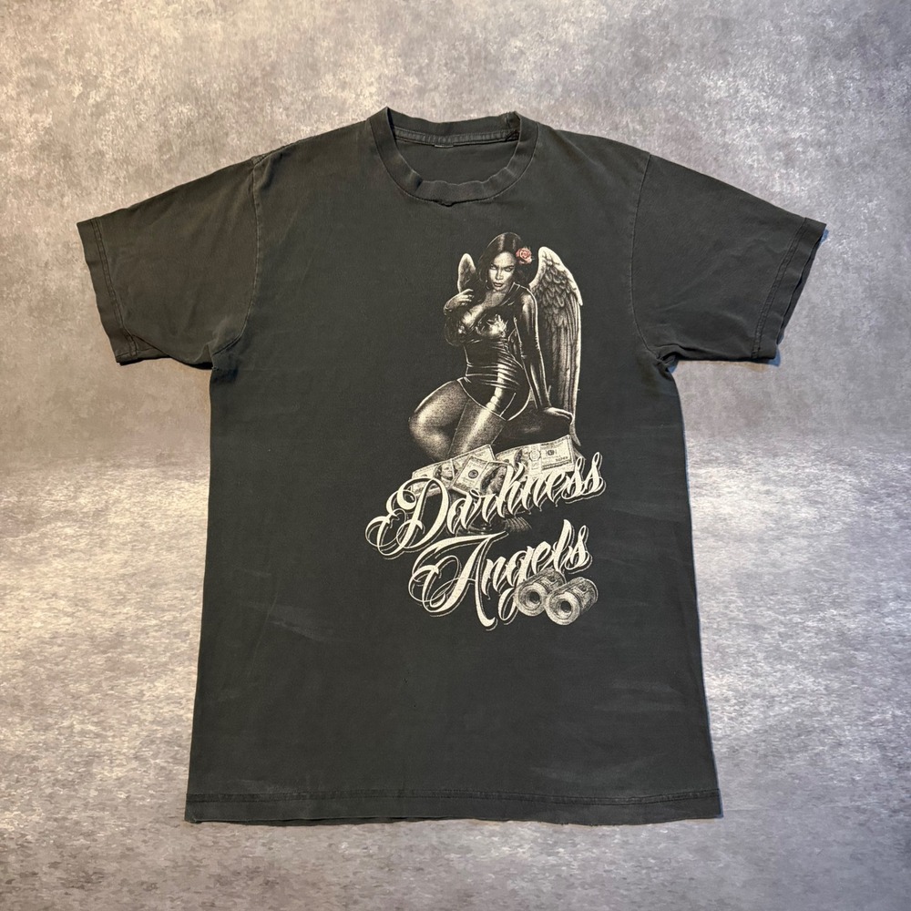 Vtg Y2K Darkness Angels T Shirt Faded Black Pinup Money Biker Grunge Double Side